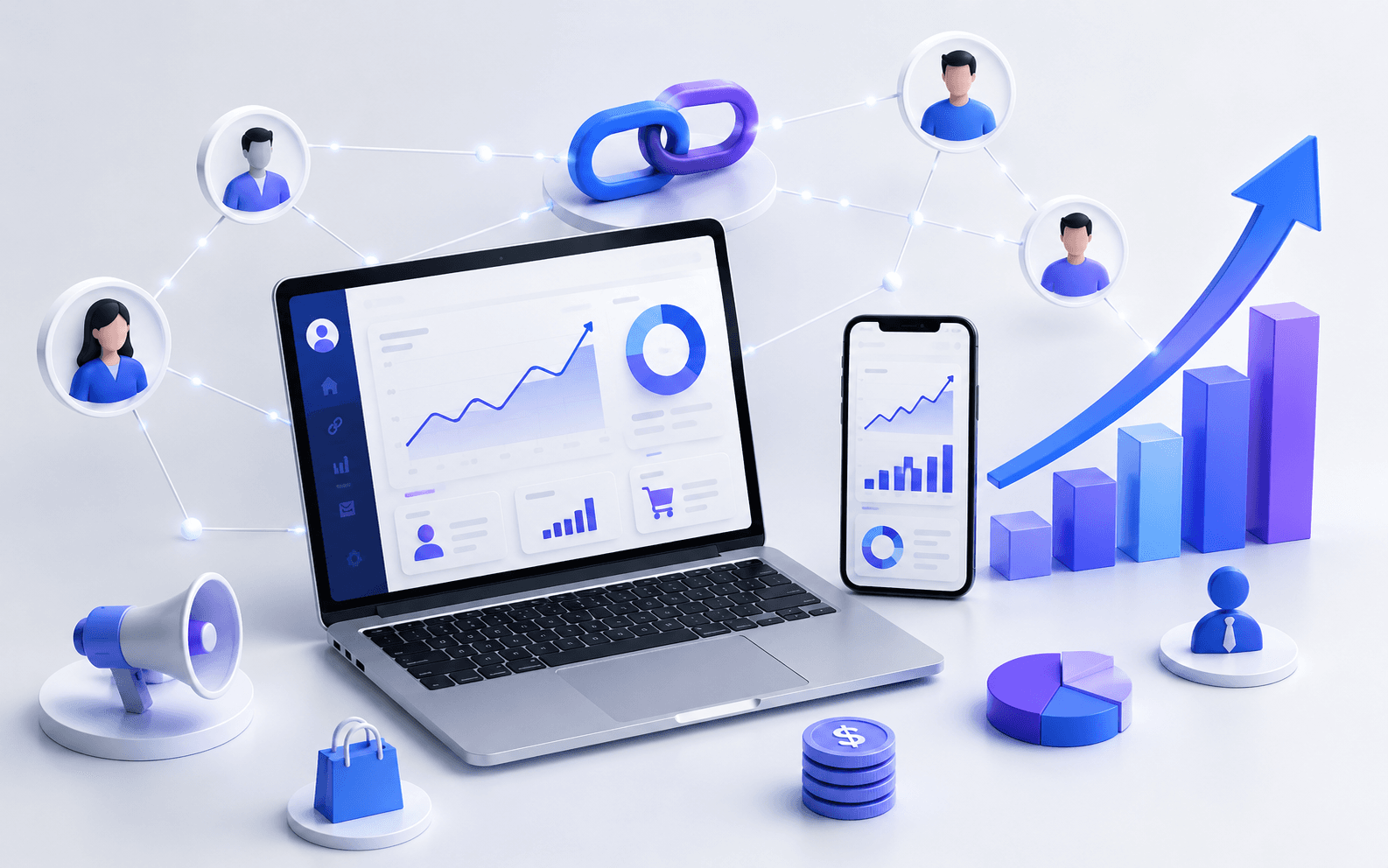 Affiliate marketing concept on laptop in modern office