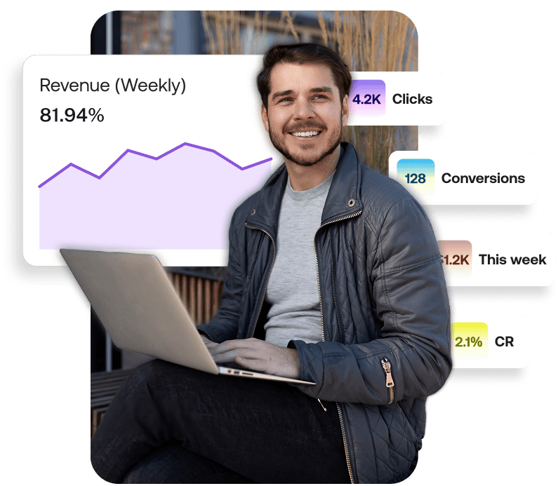 Publisher earnings dashboard — revenue, clicks, conversions, and CR